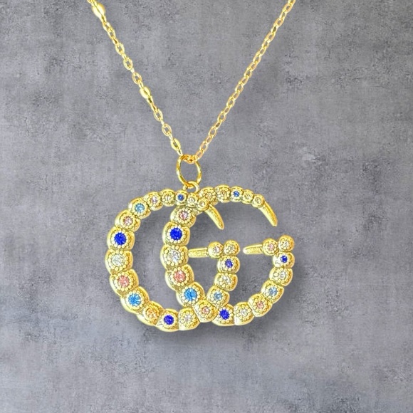 Gorgeous Upcycled Elegant Gold Gucci Pendant Necklace with Multicolor Accents